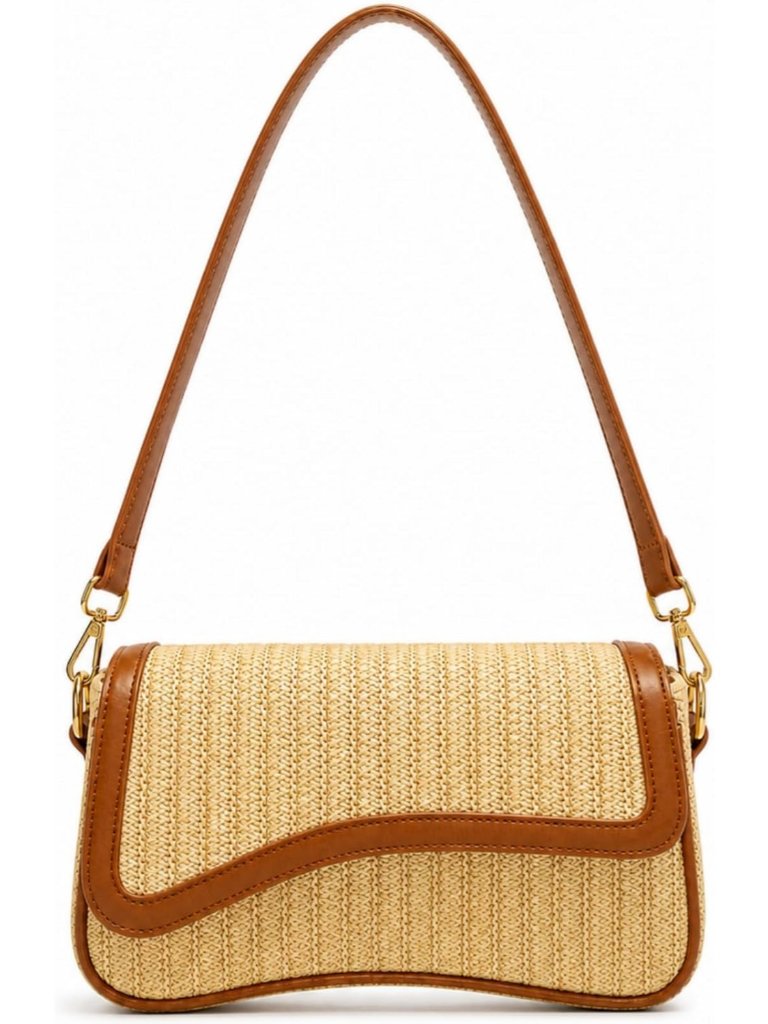 Women's Straw Brown Pu Leather Underarm Crossbody Purse Adjustable Strap Handbag